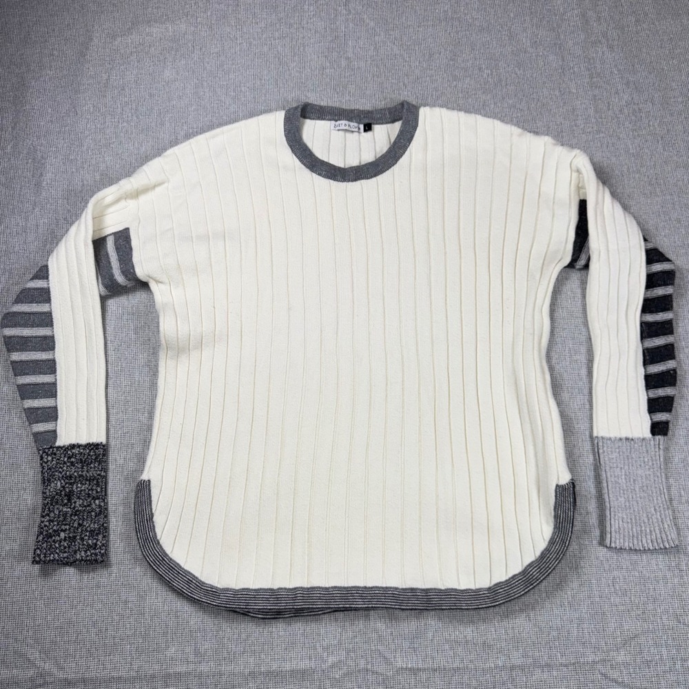 Zaket & Plovir Cream Ribbed Cotton Cashmere Sweater Grey Striped Sleeves Large